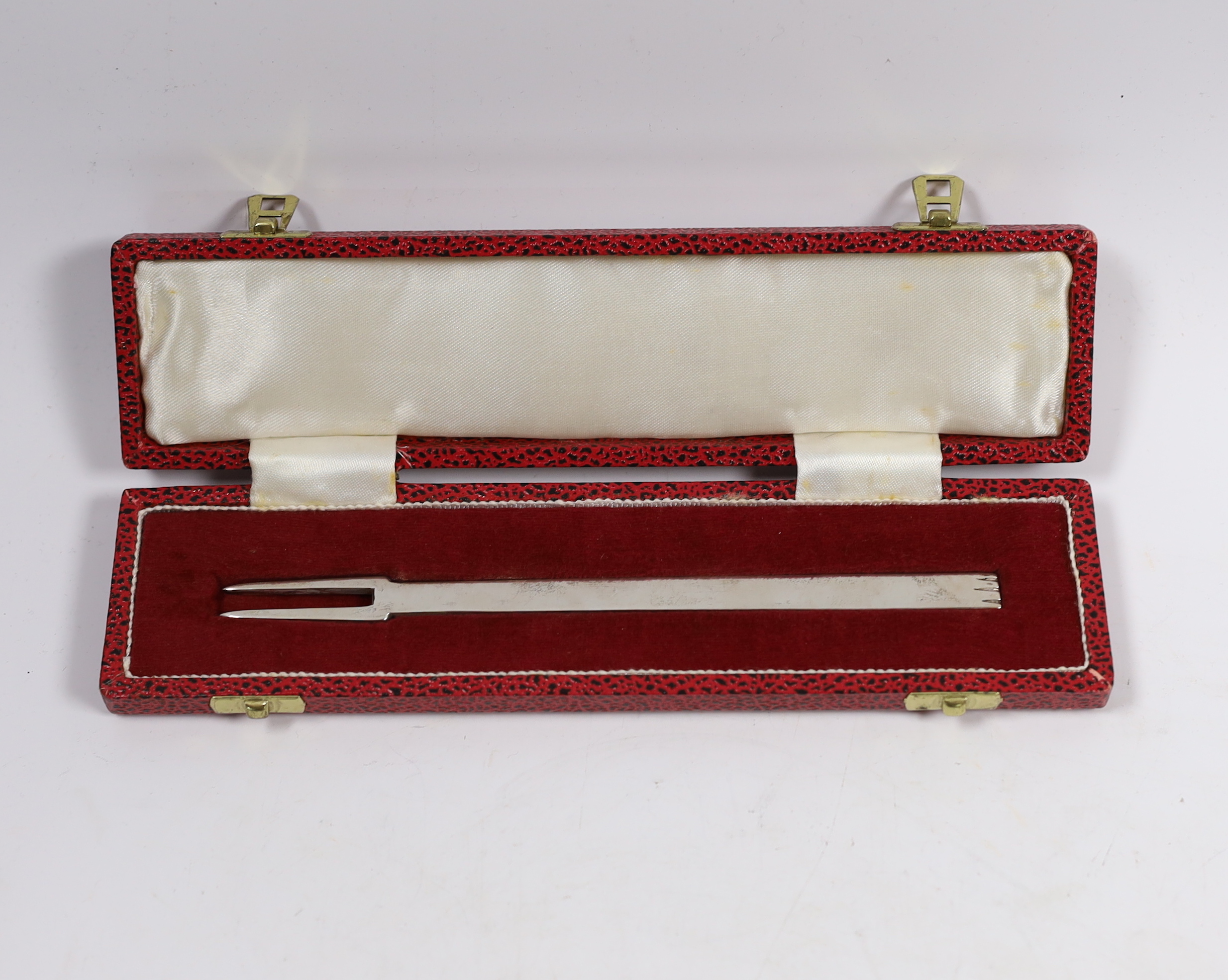 A modern cased silver replica of the 'First English Silver Fork', Francis Howard Ltd, Sheffield, 1973, 17.7cm.